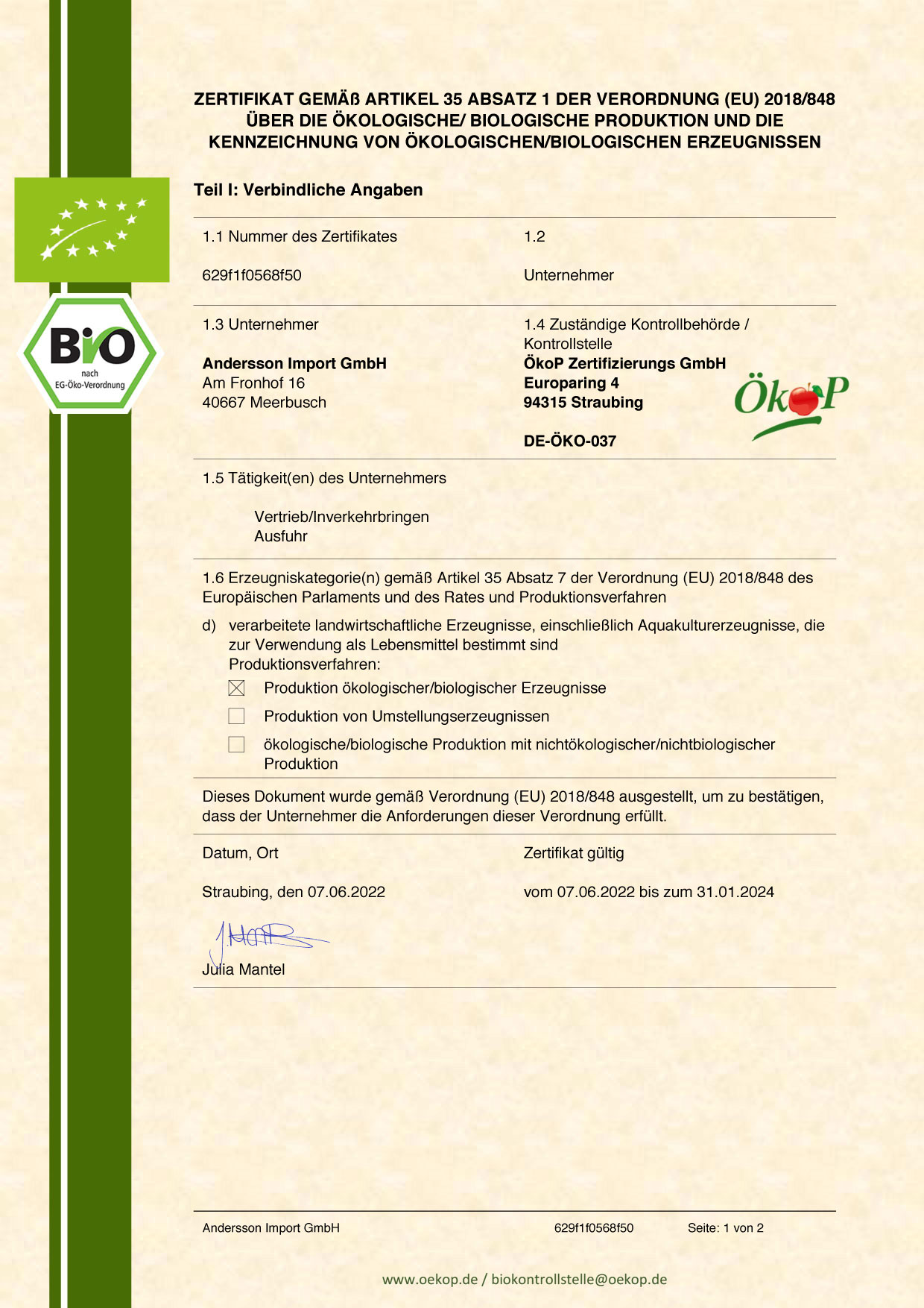 BIO-Zertifizierung für den Handel durch DE-ÖKO-037