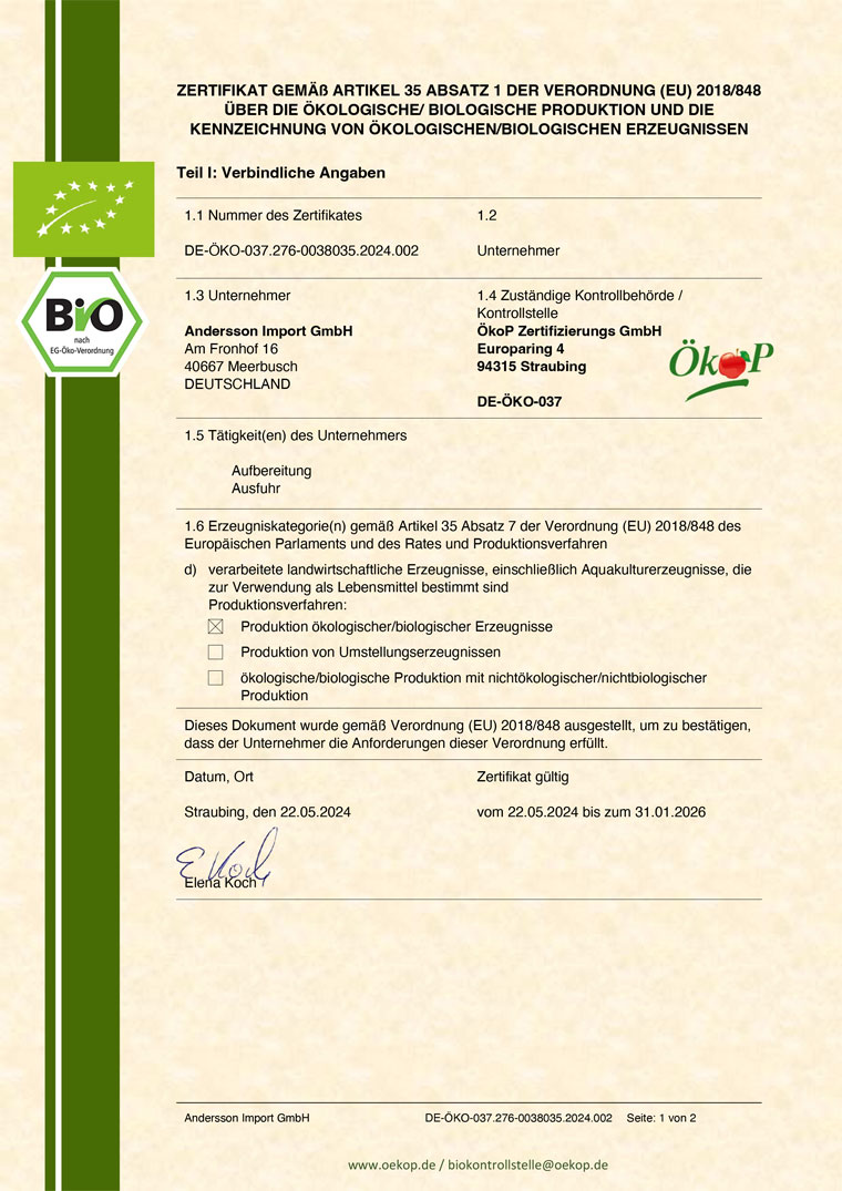 BIO-Zertifizierung für den Handel durch DE-ÖKO-037 Blatt 1