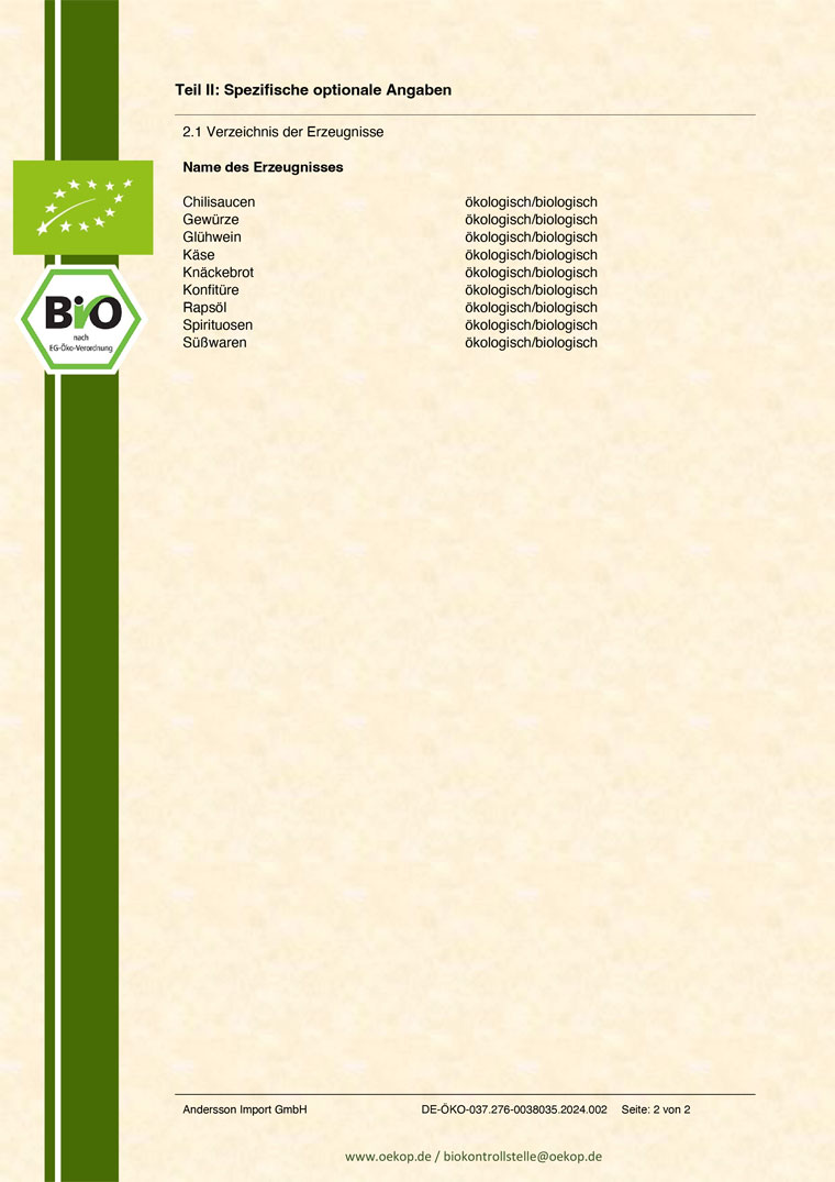 BIO-Zertifizierung für den Handel durch DE-ÖKO-037 Blatt 2