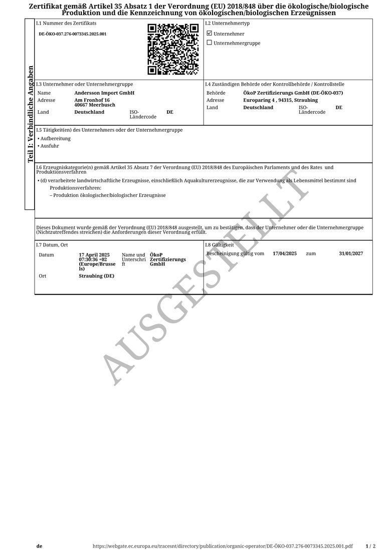 BIO-Zertifizierung für den Handel durch DE-ÖKO-037 Blatt 1