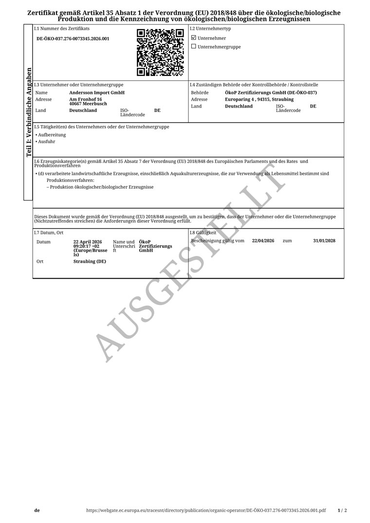 BIO-Zertifizierung für den Handel durch DE-ÖKO-037 Blatt 1